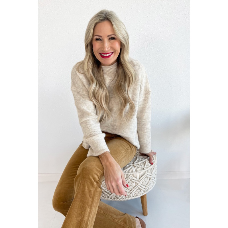 Checker Mock Neck Sweater Top Small Oatmeal