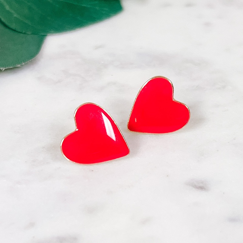Enamel Heart Stud Earrings Red
