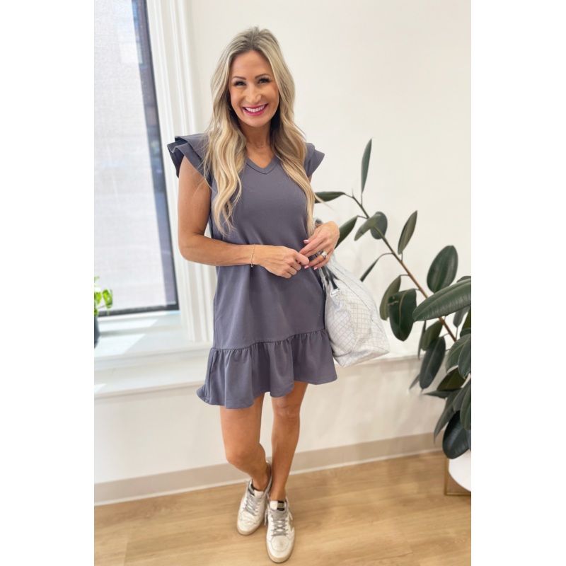 French Terry V-Neck Double Ruffle Cap Sleeve Mini Dress Small Oat
