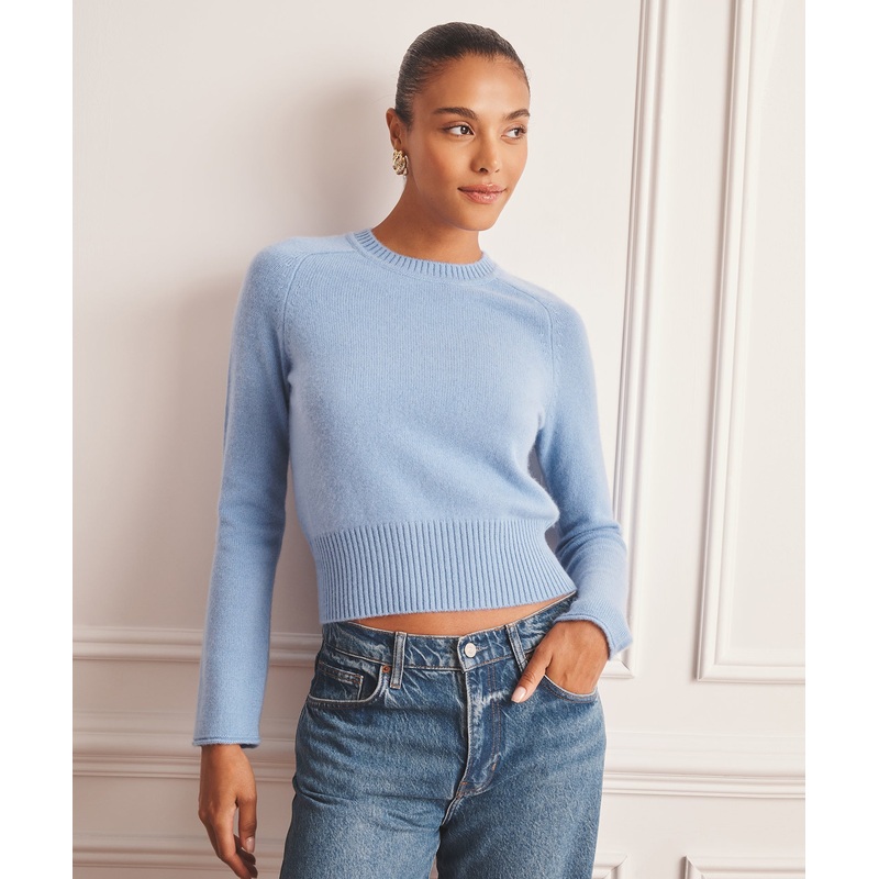 Luxe Cashmere Saddle Crewneck Sweater Sky XXS