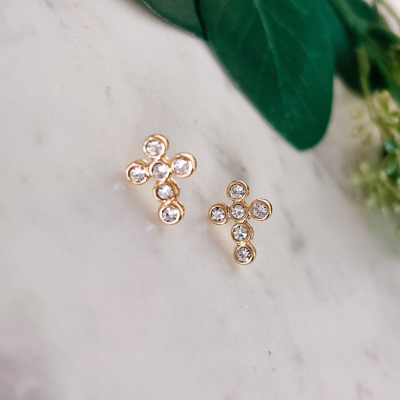 Rhinestone Cross Stud Earrings Gold