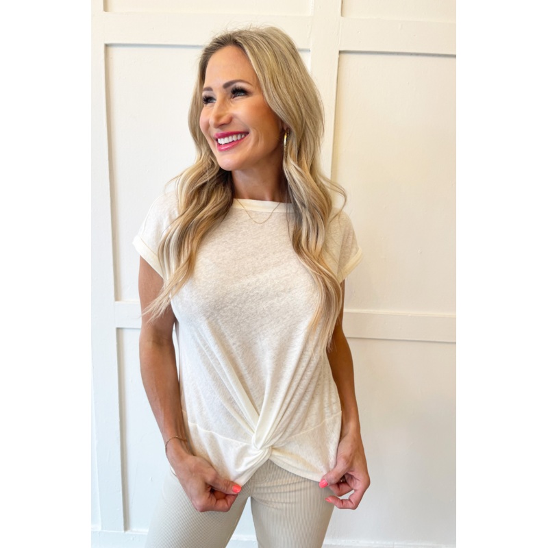 Short Sleeve Boat Neck Knot Front Knit Top XS Whipped Cream