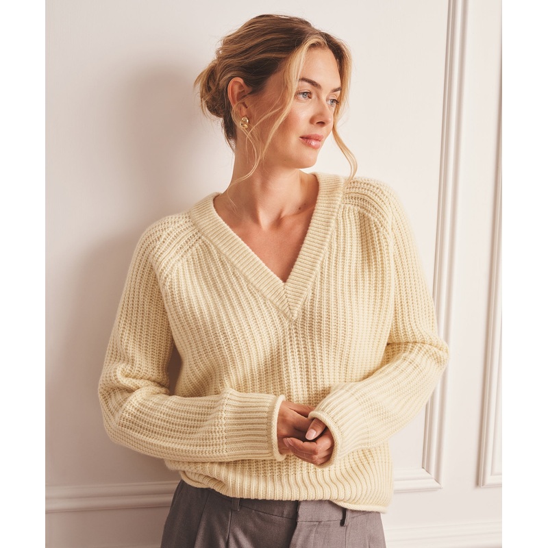 Super Luxe Cashmere Fisherman V-Neck Sweater Butter Yellow XXS