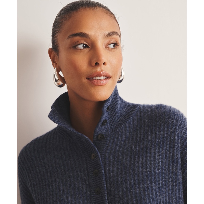 Super Luxe Cashmere High Neck Henley Sweater Blue Denim XXS