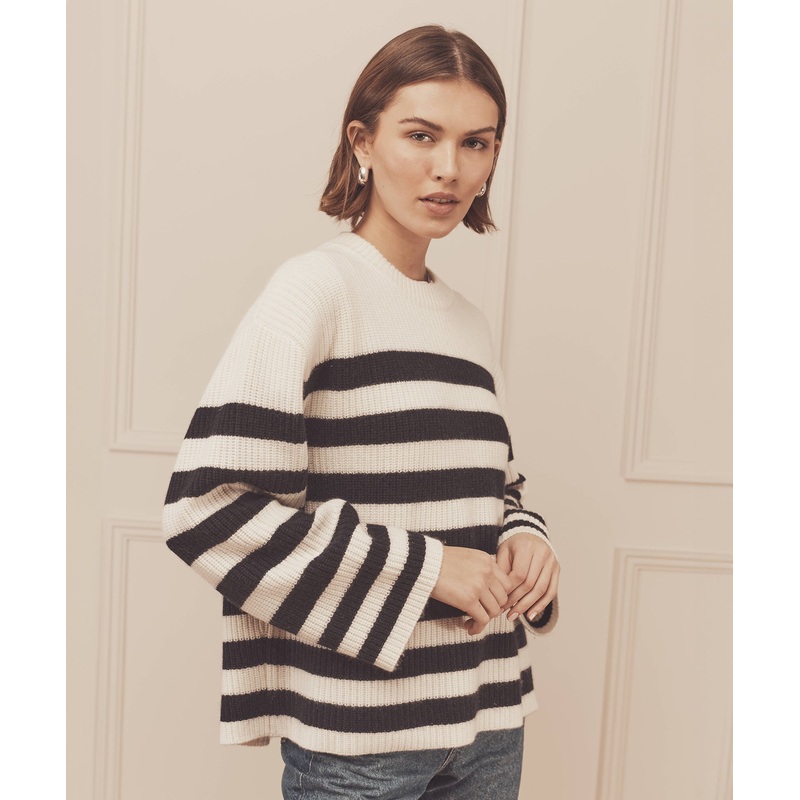 Super Luxe Cashmere Striped Crewneck White Combo XXS