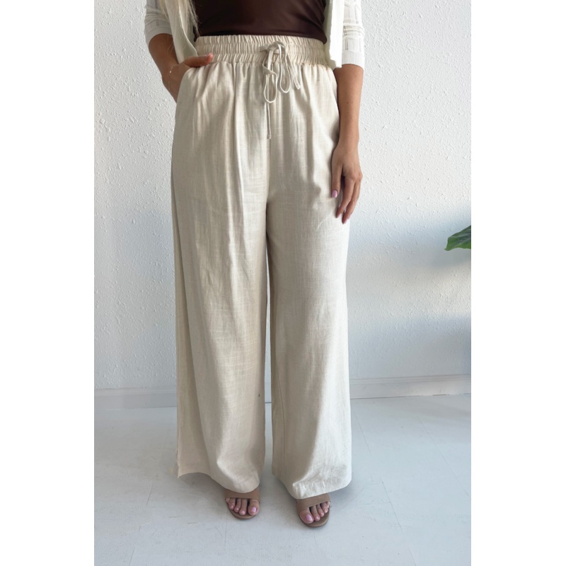 Wide Leg Elastic Waist Linen Trouser Small Black