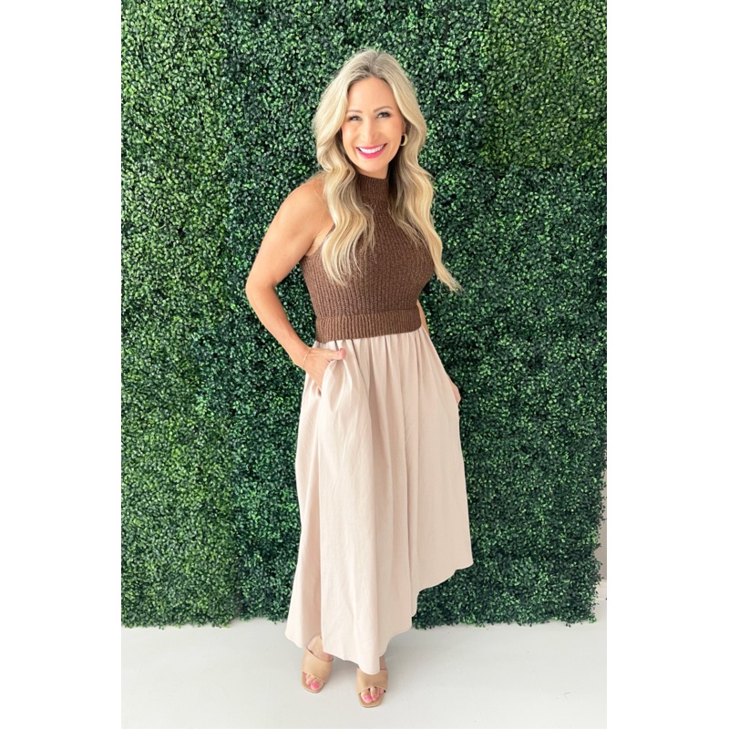 Contrast Detailed Midi Dress Small Brown