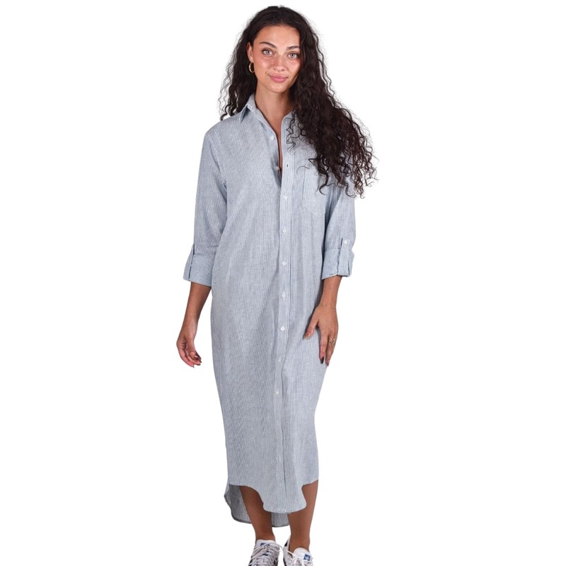 Girlfriend Midi Dress, Teal White Stripe XS