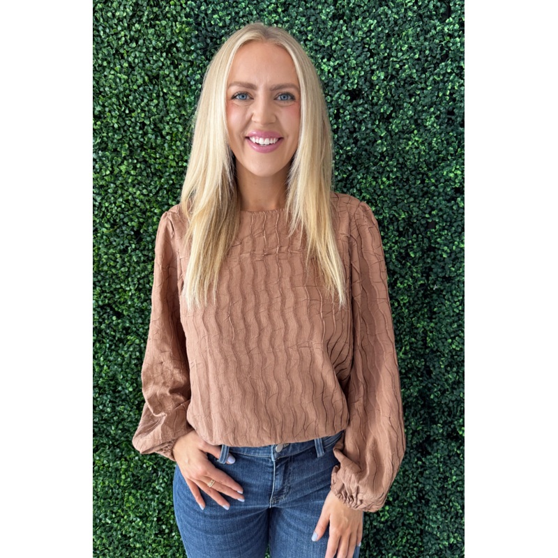 Balloon Long Sleeve Textured Top Small Brown