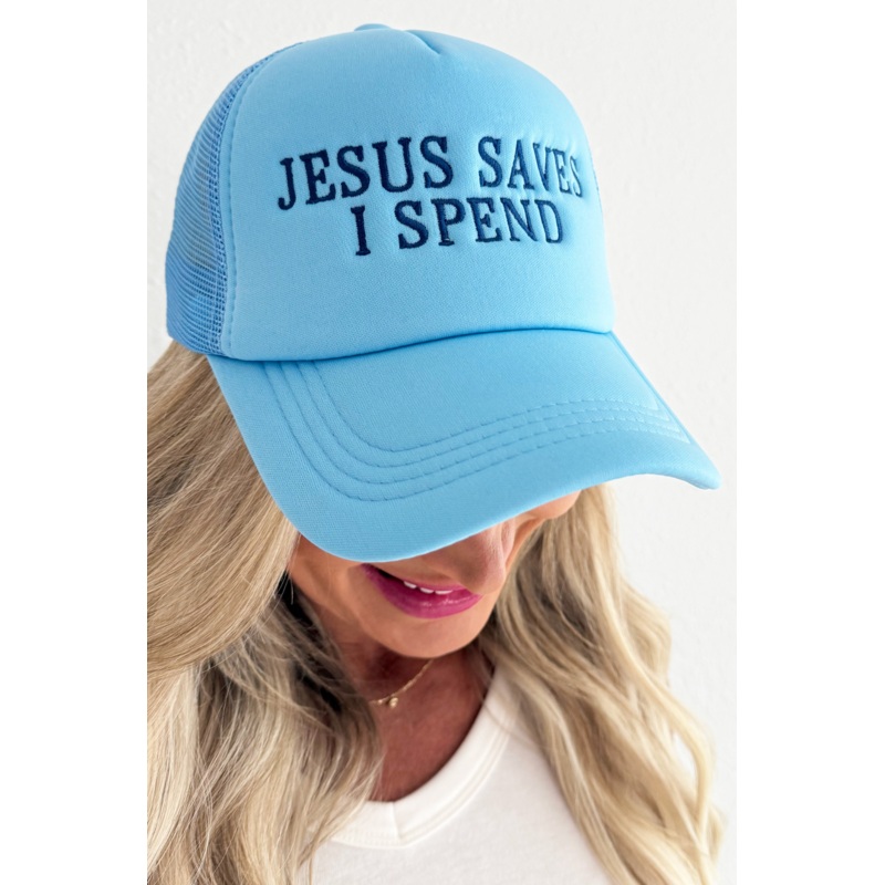 Jesus Saves I Spend Trucker Hat Blue