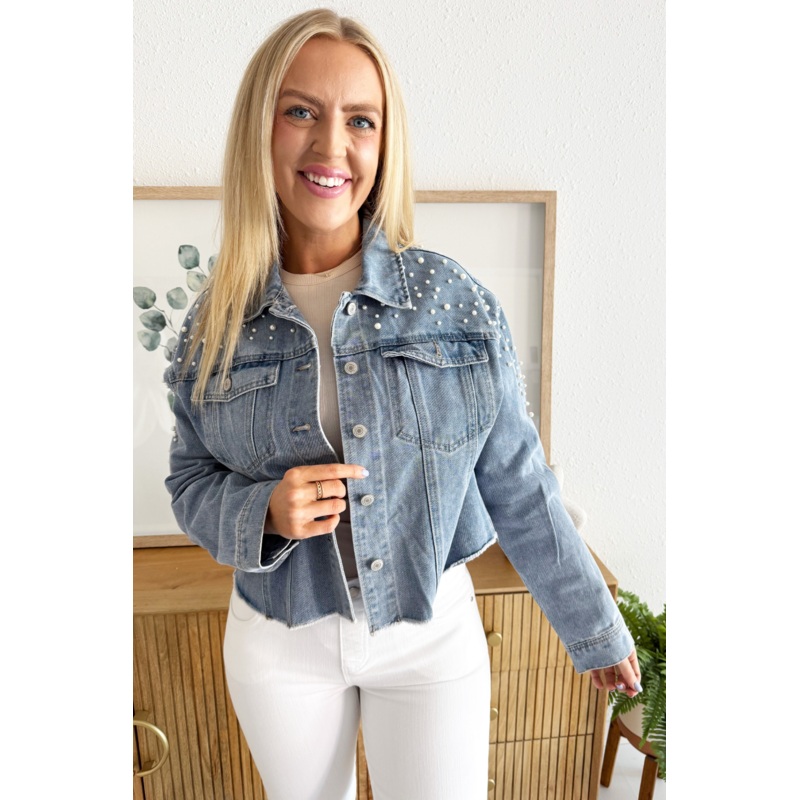 Pearl Stud Denim Jacket with Raw Edge Hem Small Light Blue