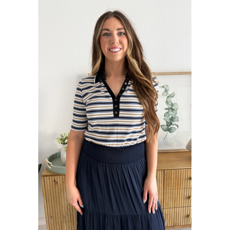 Shirred Half Sleeve Collared Henley Knit Top XS Blue Multi Stripe