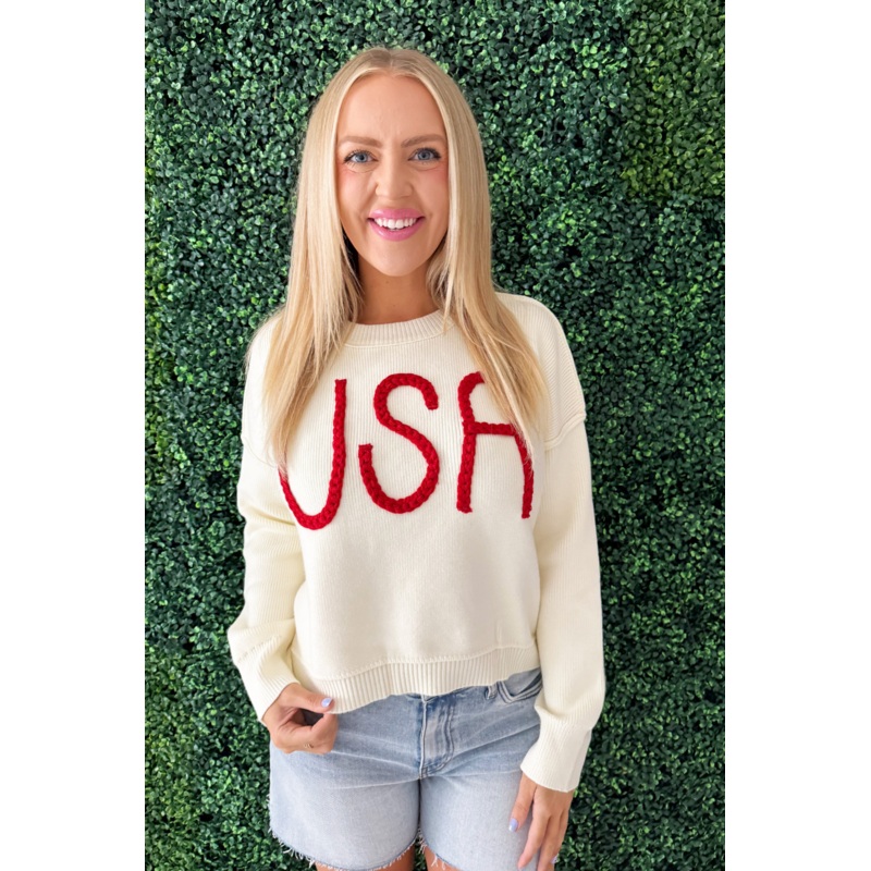 USA Long Sleeve Sweater Small Off White/Red