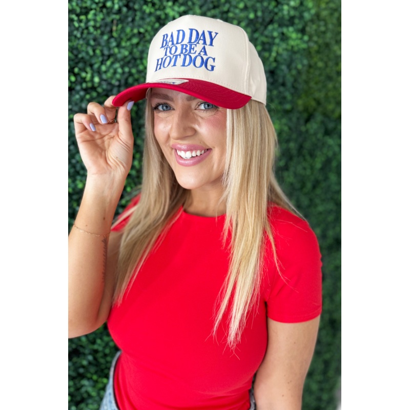 Bad Day To Be A Hot Dog Vintage Embroidered Trucker Hat Cream/Red