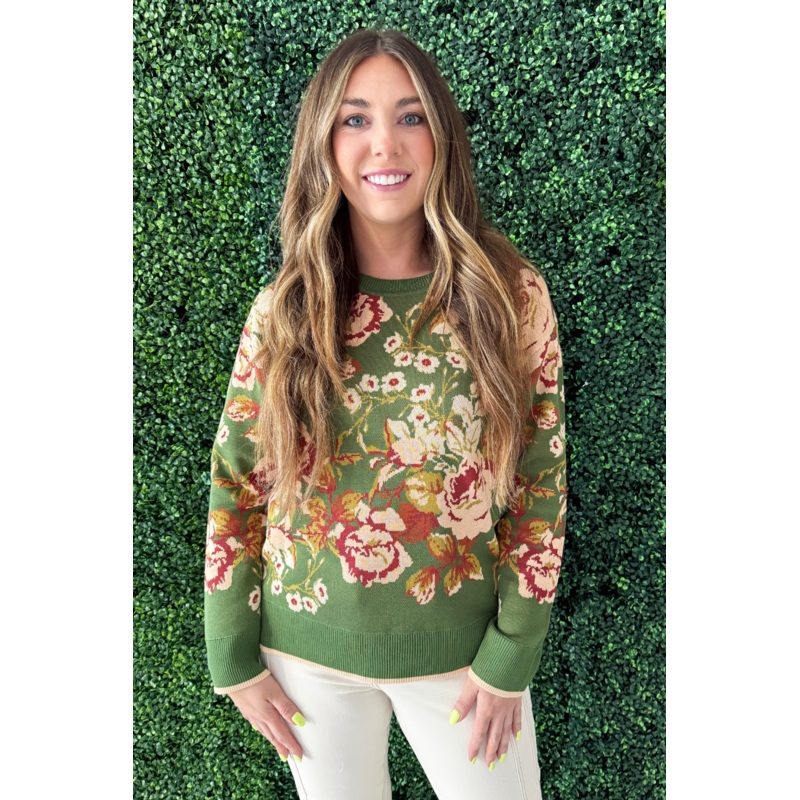 Long Sleeve Crew Neck Sweater XS Green Multi Floral