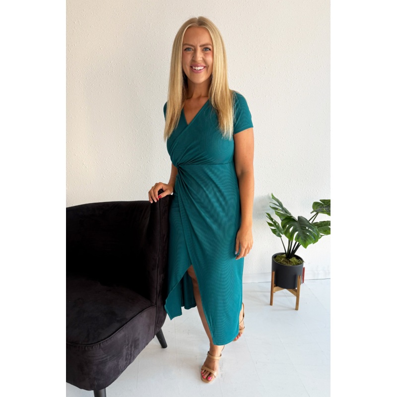 Short Sleeve Midi Dress with Front Slit Small Teal
