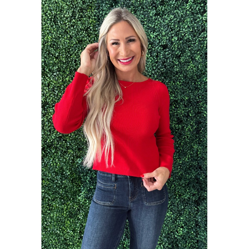 Boat Neck Bow Back Detail Sweater XS Red-White