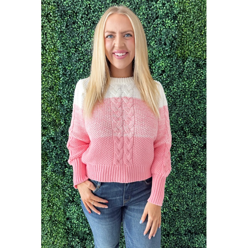 Ombre Cable Knit Long Sleeve Sweater Small Rose Gold