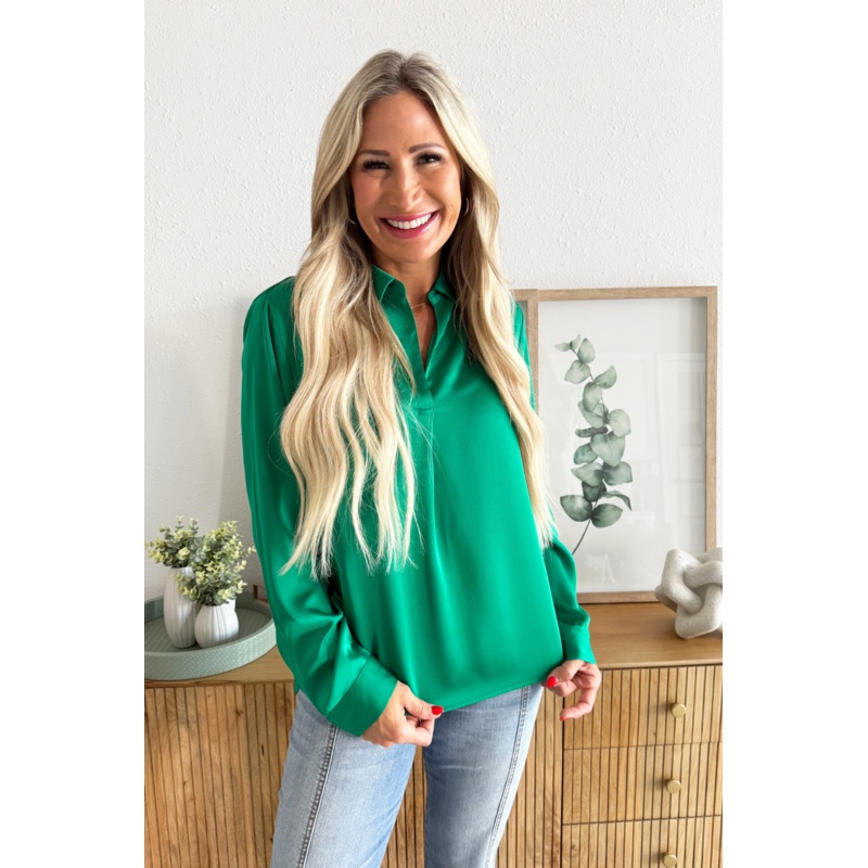 Satin Long Sleeve Blouse XS Kelly Green