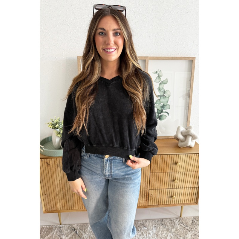 Snow Washed V-Neck Long Sleeve Top Small Black