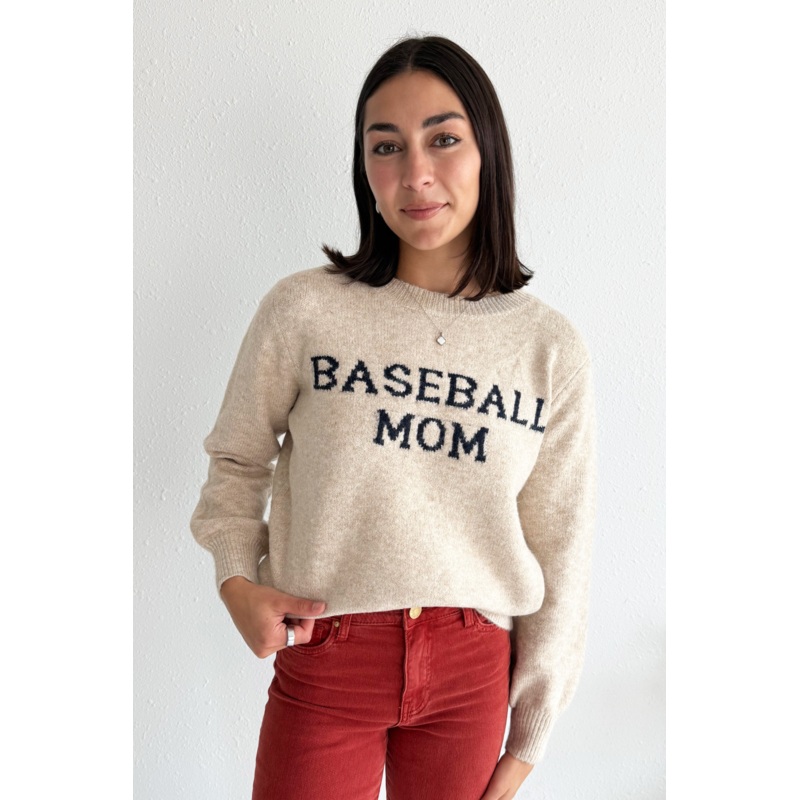 Baseball Mom Graphic Sweater S/M Taupe