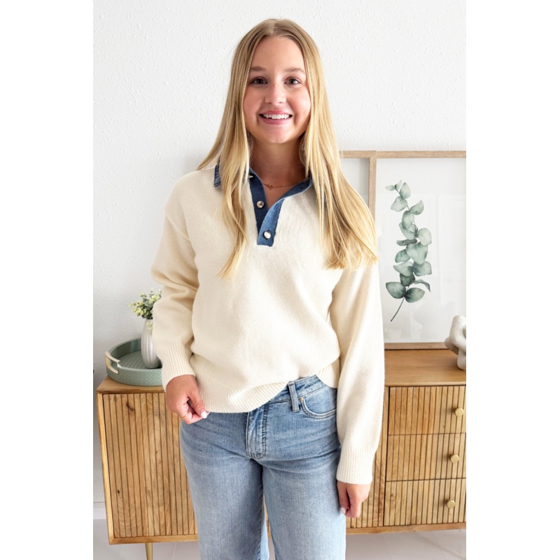 Denim Collar Knit Polo S/M Ivory