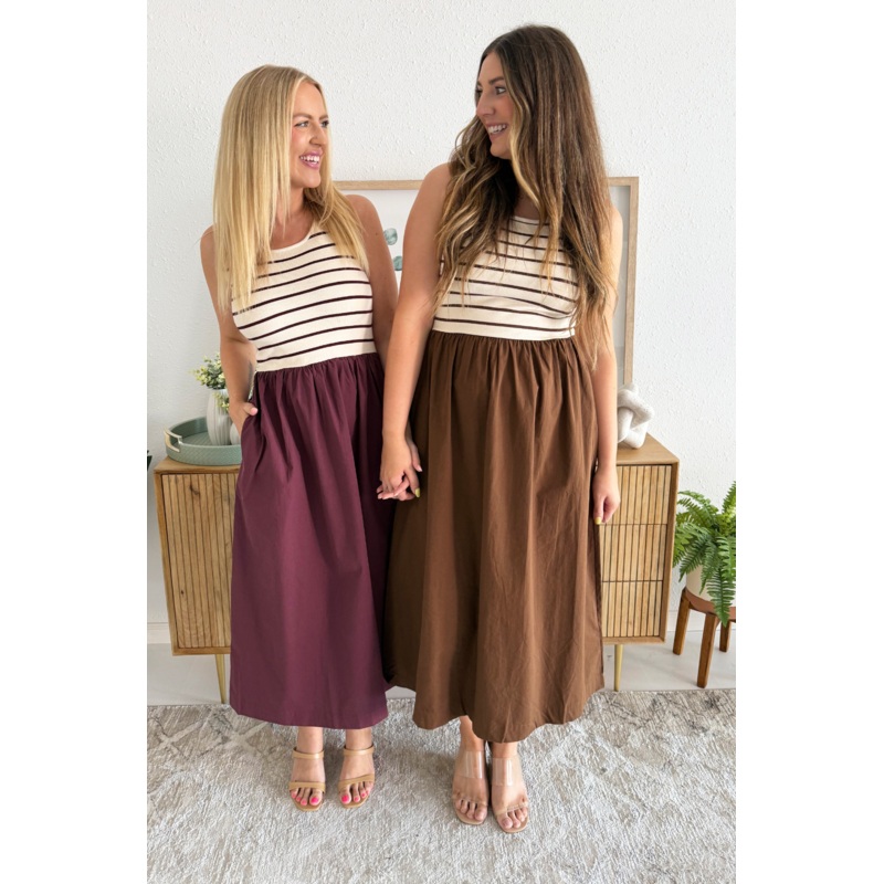 Sleeveless Striped Midi Dress Small Cream/Wine