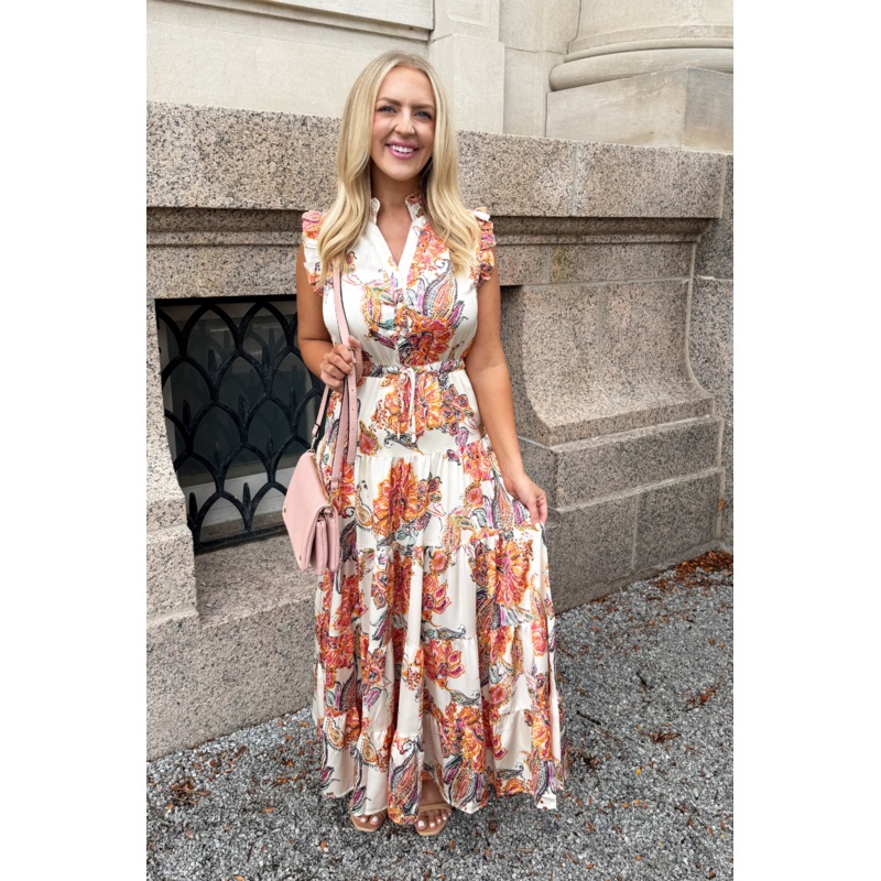 Floral Print Tiered Maxi Dress Small Cream Multi