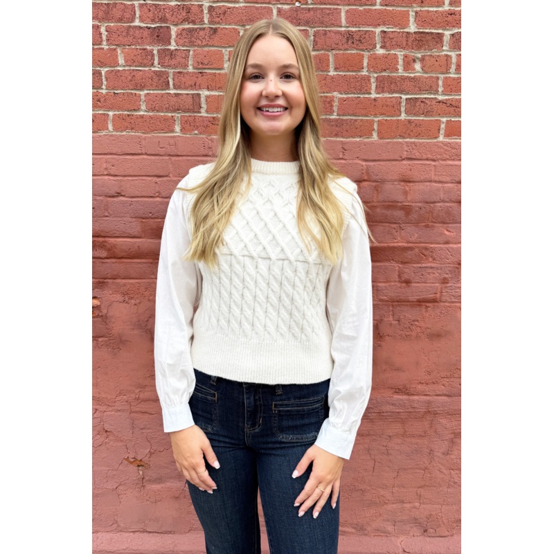 Knit Woven Combo Top Small Ivory