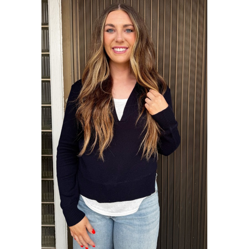 Layered V-neck Sweater Small Navy White