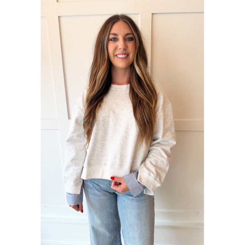 Mixed Media Long Sleeve Top Small Heather Grey/Blue Stripe