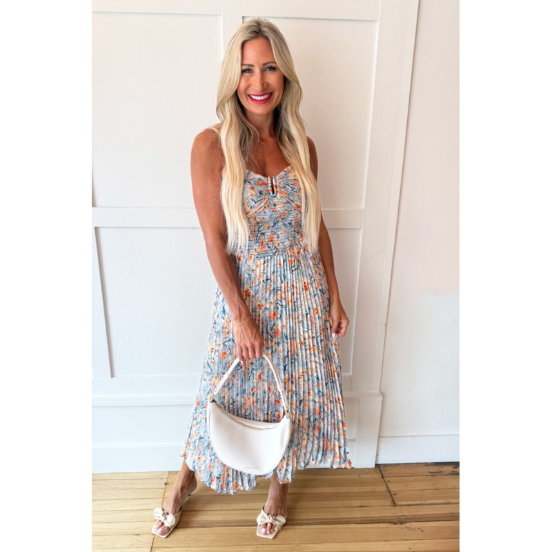 Pleated Mixed Media Midi Dress Small Blue Multi