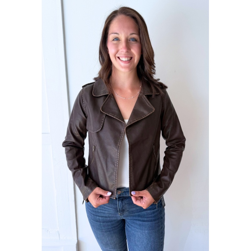Distressed Faux Leather Moto Jacket XS Coco Brown
