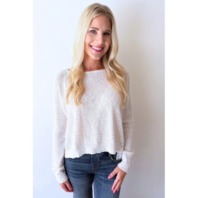 Light Knit Melange Boat Neck Sweater Small Oatmeal