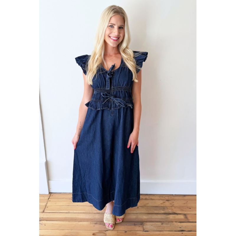 Ruffle Detail Flutter Sleeve Washed Denim Dress Small Dark Denim