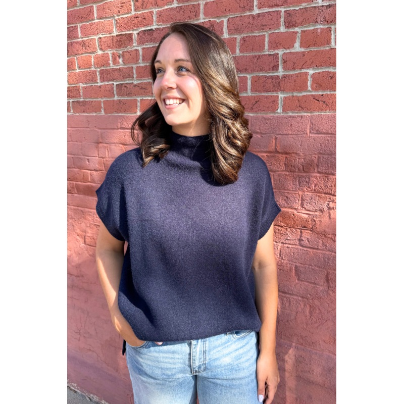 Short Sleeve Mock Neck Sweater S/M Navy