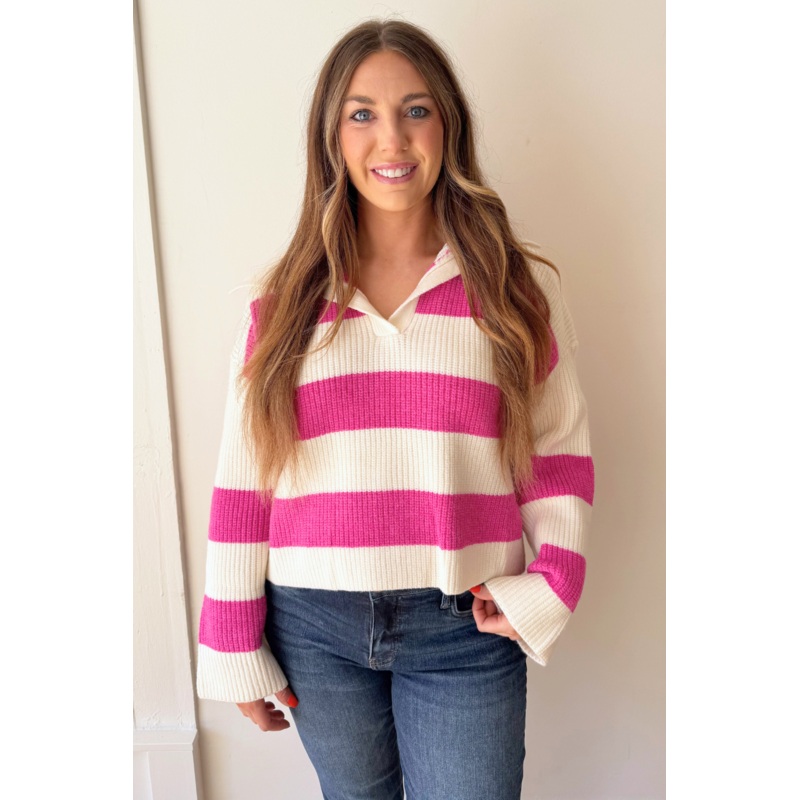 Stripe Drop Shoulder with Wide Collar Sweater Small Ivory/Fuchsia