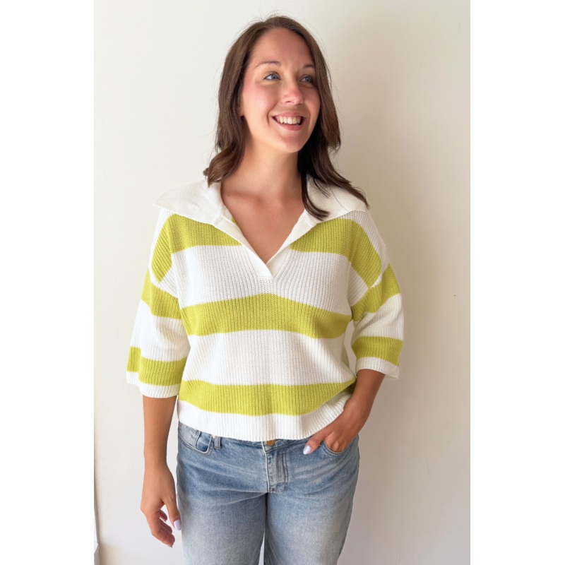 Striped Knit 3/4 Sleeve Sweater Small Ivory/Lime