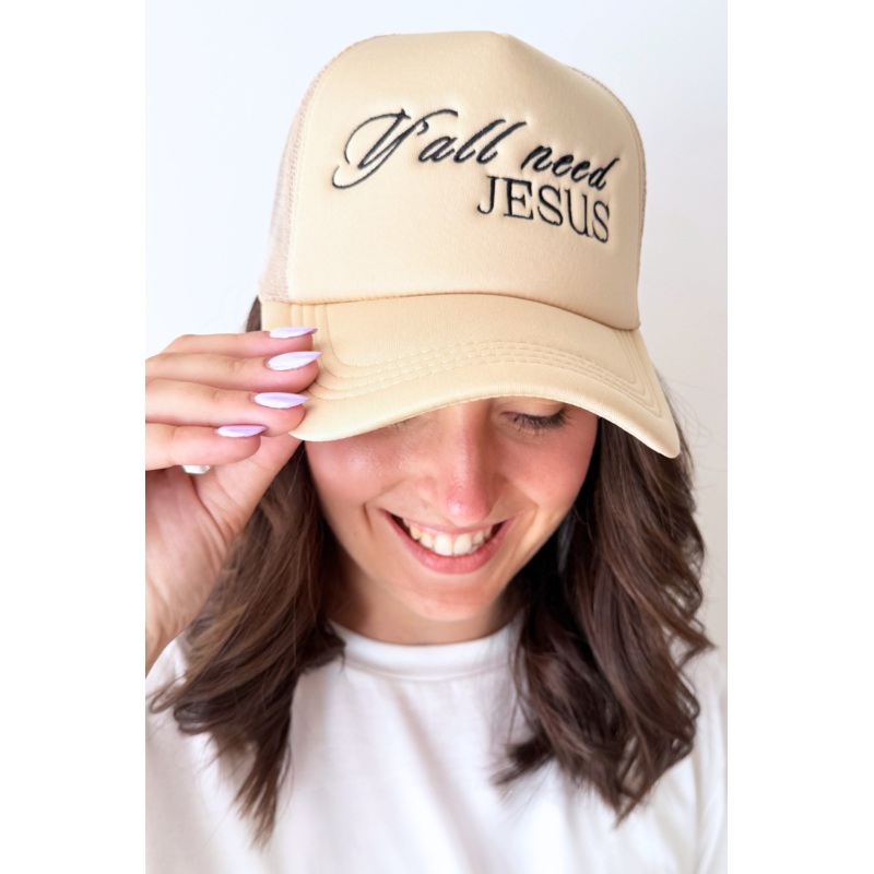 Y’all Need Jesus Trucker Hat Tan