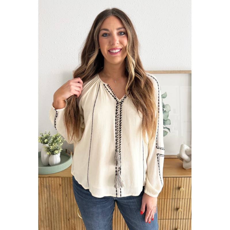 Long Sleeve Woven Raglan Blouse W/ Embroidery XS Albstract w/ Black Embroidery