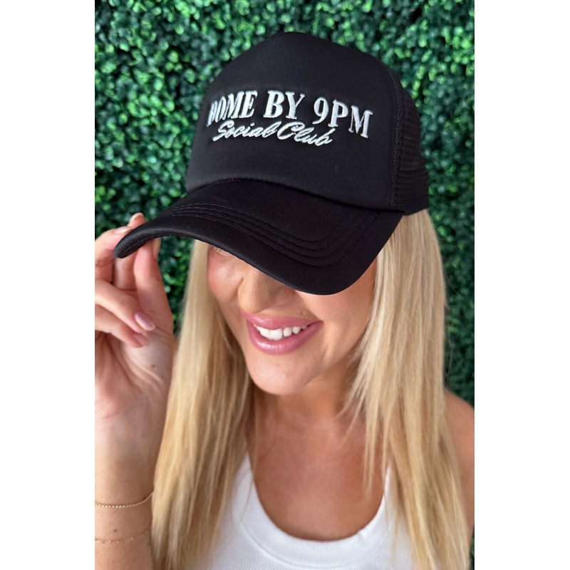 Home By 9pm Trucker Hat Black