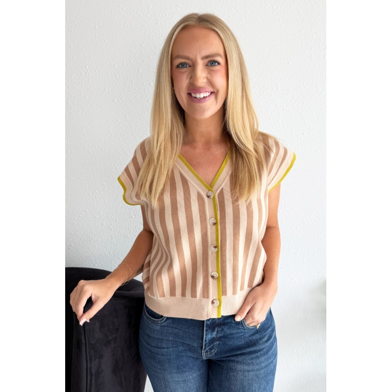 Cable Knit Striped V-Neck Sleeveless Top Small Lime Cookie