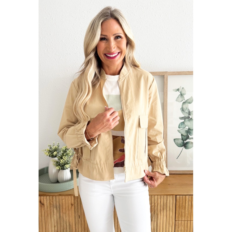 Elastic Waist Full Zip Jacket with Front Pockets XS Beige