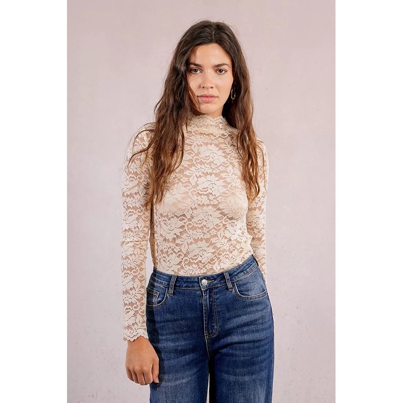 Lace Long Sleeve Layering Top Small Cream