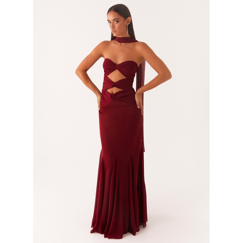 Melrose Satin Chiffon Maxi Dress – Deep Red Deep Red US 0