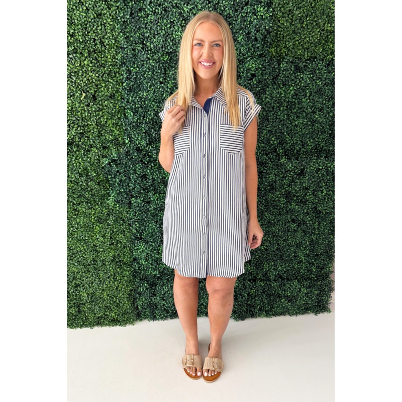Short Sleeve Woven Striped Button Down Mini Dress Small Navy