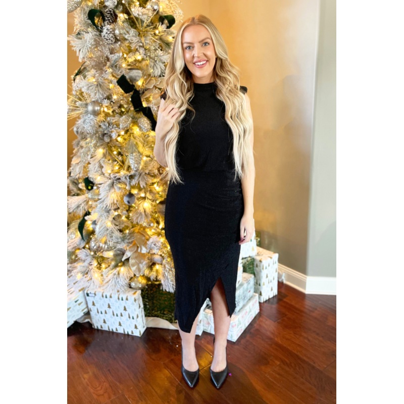 Sparkle Mock Neck Ruched Dress XS Black