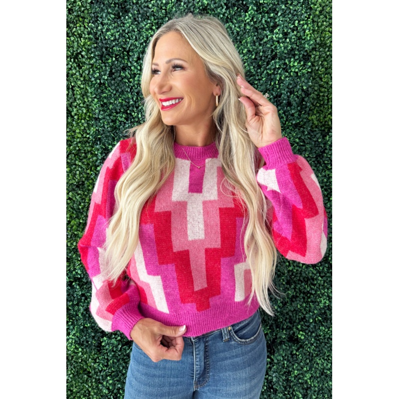 Stair Step Knit Sweater Small Fuchsia