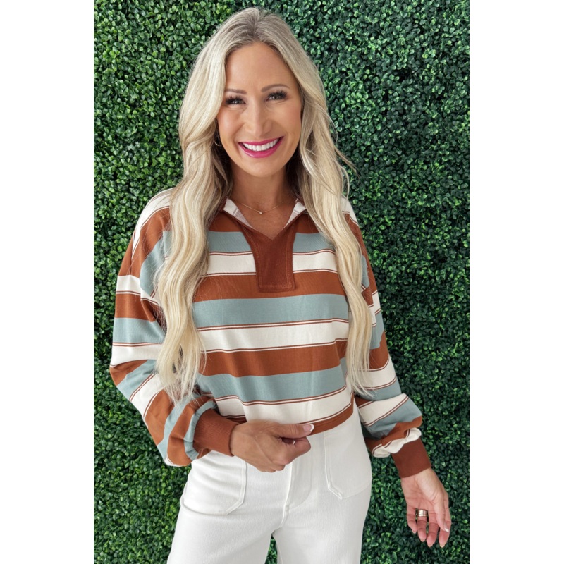 V-Neck Striped Long Sleeve Top Small Mocha Sky