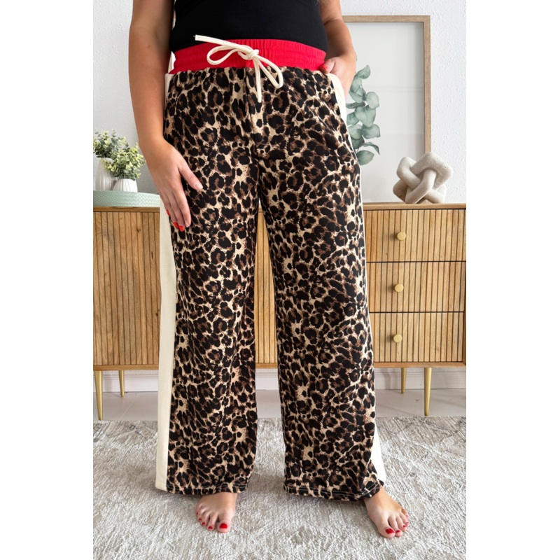 Wide Leg Strip Detail Pants Small Leopard